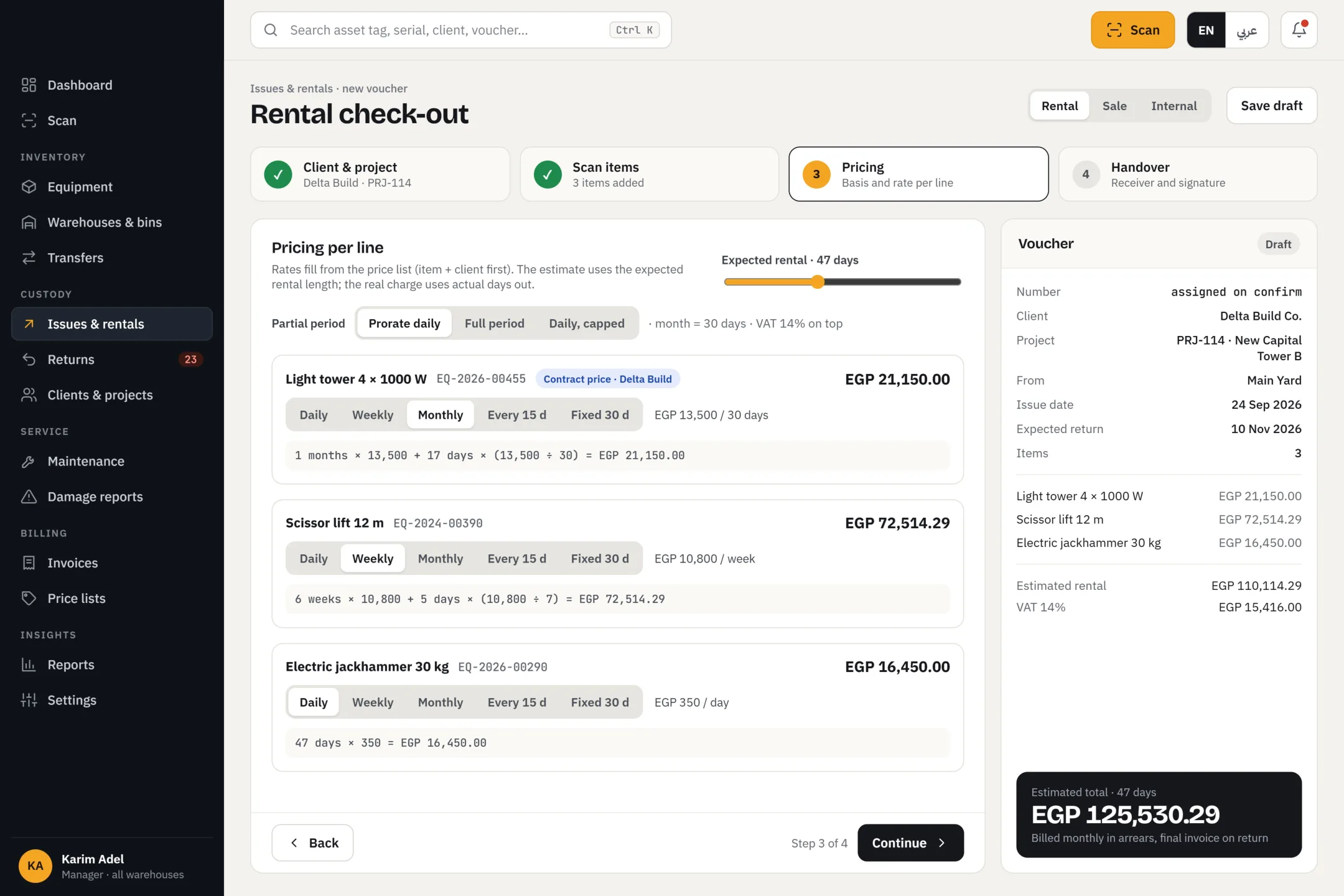 WEMS rental check-out wizard with per-item pricing and voucher summary