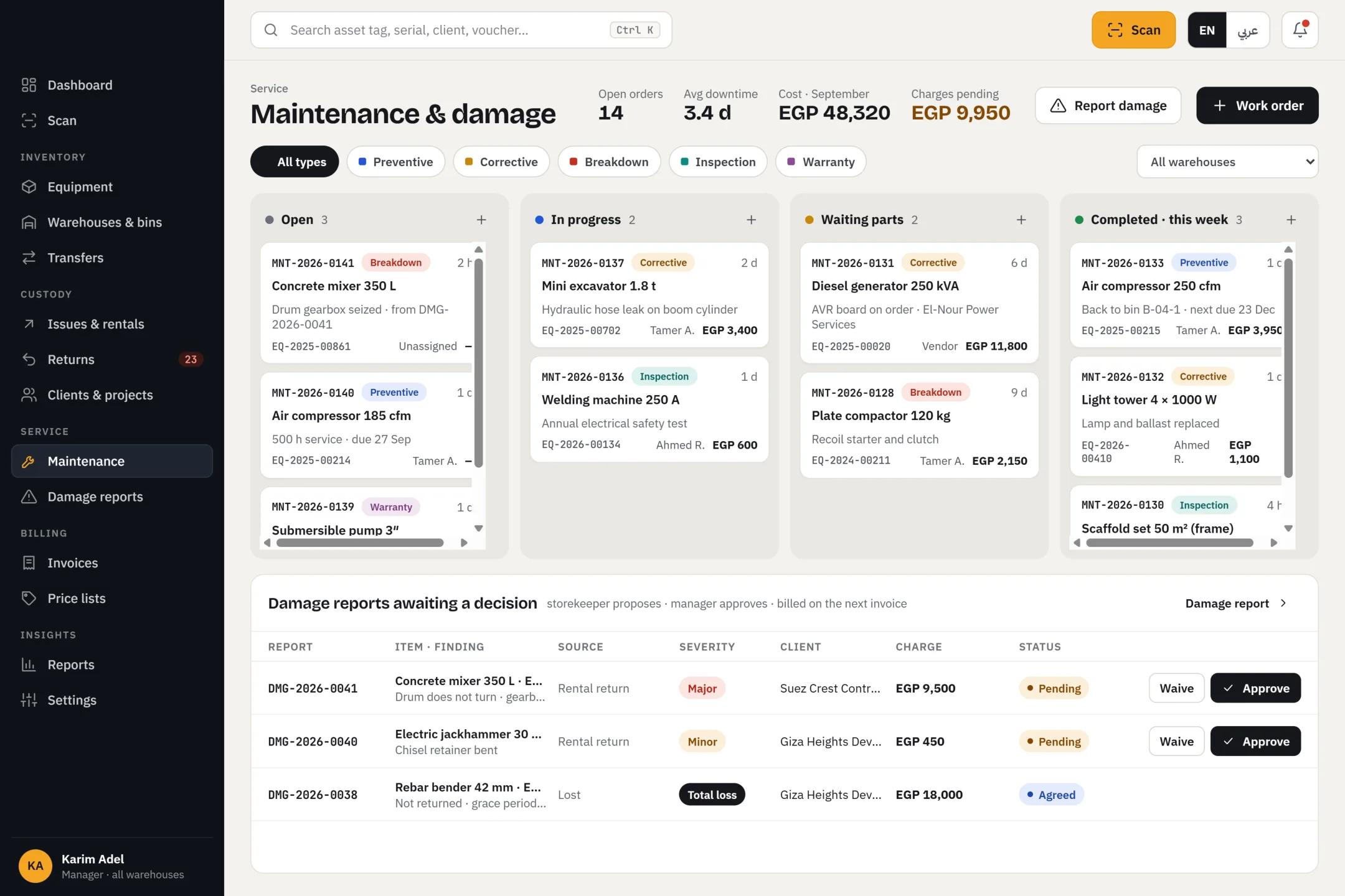 WEMS maintenance board with work orders and damage reports awaiting approval