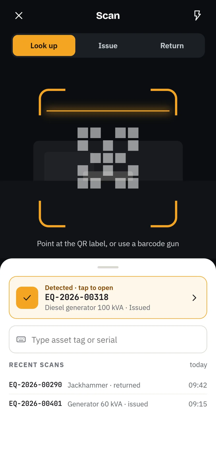 WEMS mobile scan screen detecting an equipment QR label